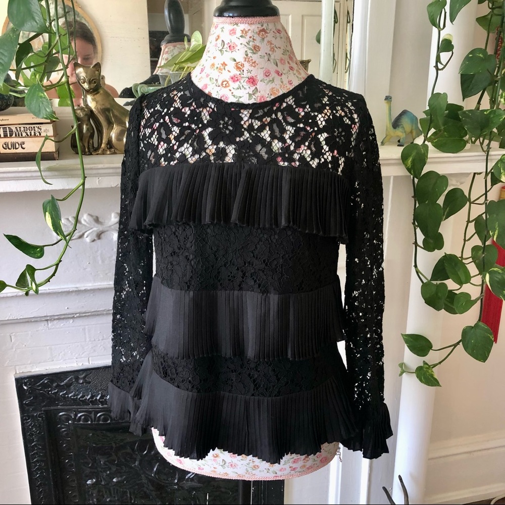 J Crew Black Lace and Pleated Long Sleeve Blouse size 4